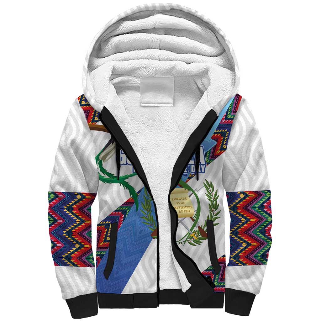 Guatemala Independence Day Sherpa Hoodie Resplendent Quetzal with Coat of Arms and Maya Textiles - Wonder Print Shop