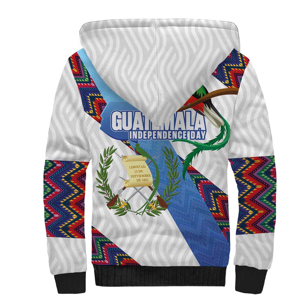 Guatemala Independence Day Sherpa Hoodie Resplendent Quetzal with Coat of Arms and Maya Textiles - Wonder Print Shop