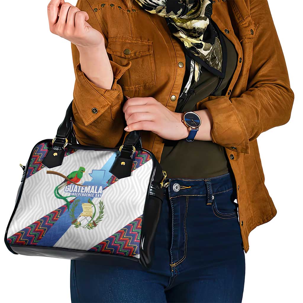 Guatemala Independence Day Shoulder Handbag Resplendent Quetzal with Coat of Arms and Maya Textiles - Wonder Print Shop