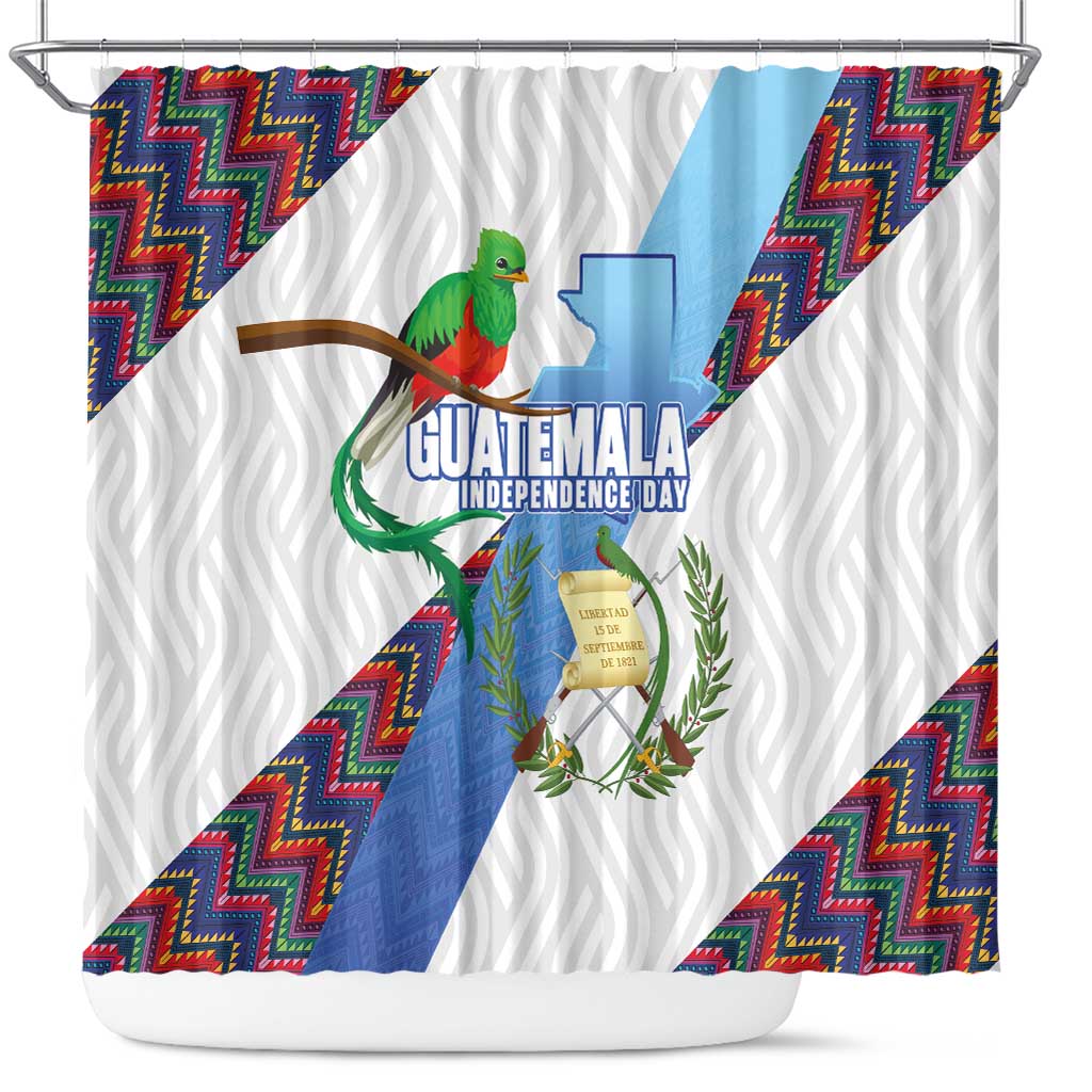 Guatemala Independence Day Shower Curtain Resplendent Quetzal with Coat of Arms and Maya Textiles - Wonder Print Shop