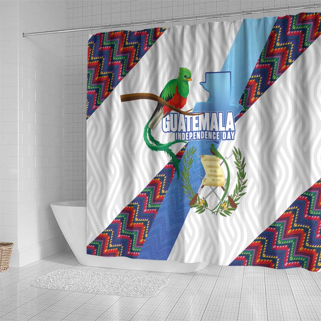 Guatemala Independence Day Shower Curtain Resplendent Quetzal with Coat of Arms and Maya Textiles - Wonder Print Shop