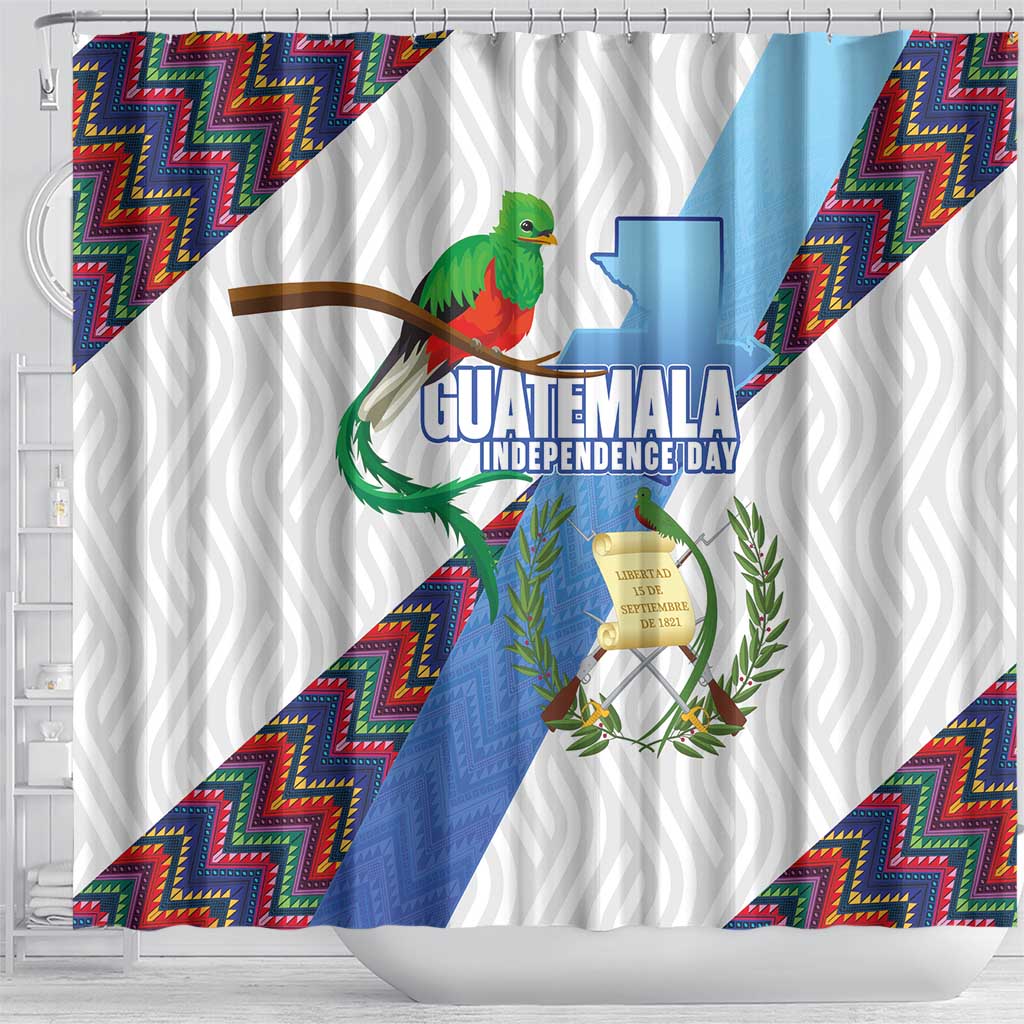 Guatemala Independence Day Shower Curtain Resplendent Quetzal with Coat of Arms and Maya Textiles - Wonder Print Shop