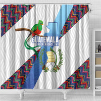 Guatemala Independence Day Shower Curtain Resplendent Quetzal with Coat of Arms and Maya Textiles - Wonder Print Shop