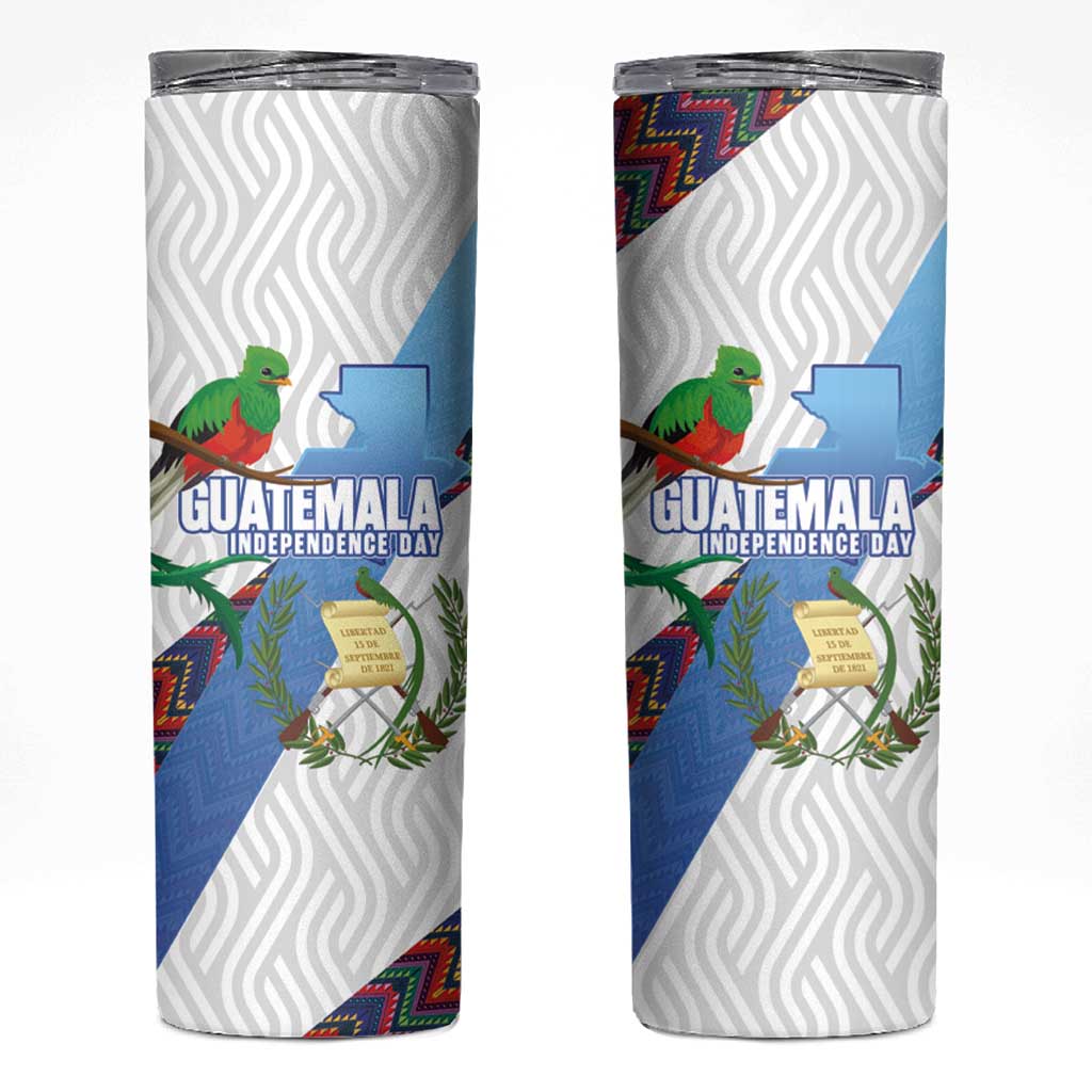 Guatemala Independence Day Skinny Tumbler Resplendent Quetzal with Coat of Arms and Maya Textiles - Wonder Print Shop