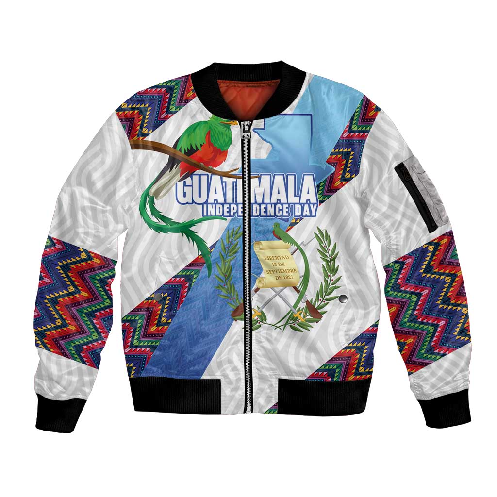 Guatemala Independence Day Sleeve Zip Bomber Jacket Resplendent Quetzal with Coat of Arms and Maya Textiles - Wonder Print Shop