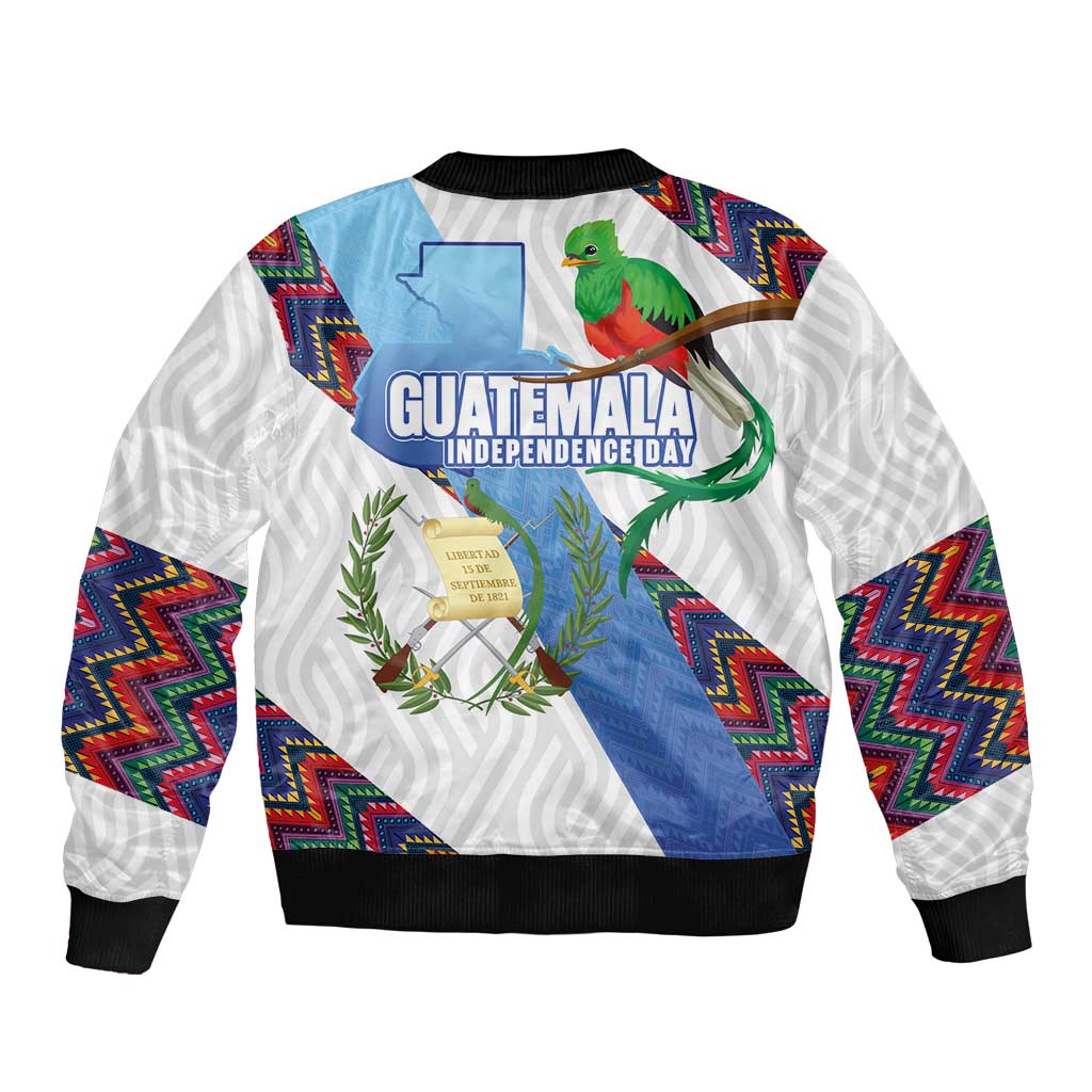 Guatemala Independence Day Sleeve Zip Bomber Jacket Resplendent Quetzal with Coat of Arms and Maya Textiles - Wonder Print Shop