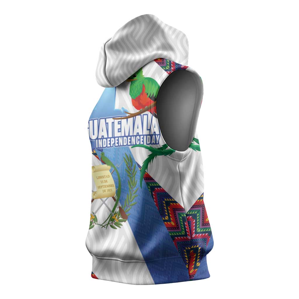 Guatemala Independence Day Sleeveless Hoodie Resplendent Quetzal with Coat of Arms and Maya Textiles - Wonder Print Shop