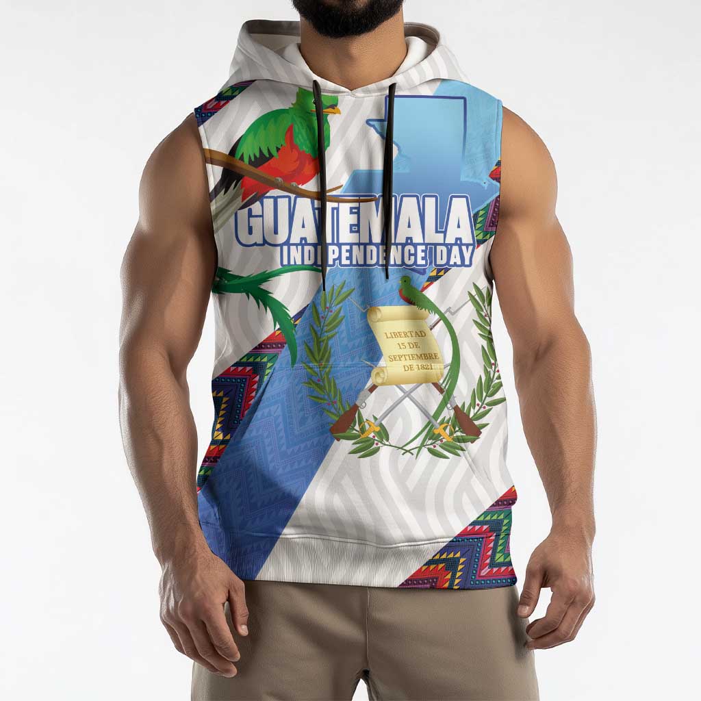 Guatemala Independence Day Sleeveless Hoodie Resplendent Quetzal with Coat of Arms and Maya Textiles - Wonder Print Shop