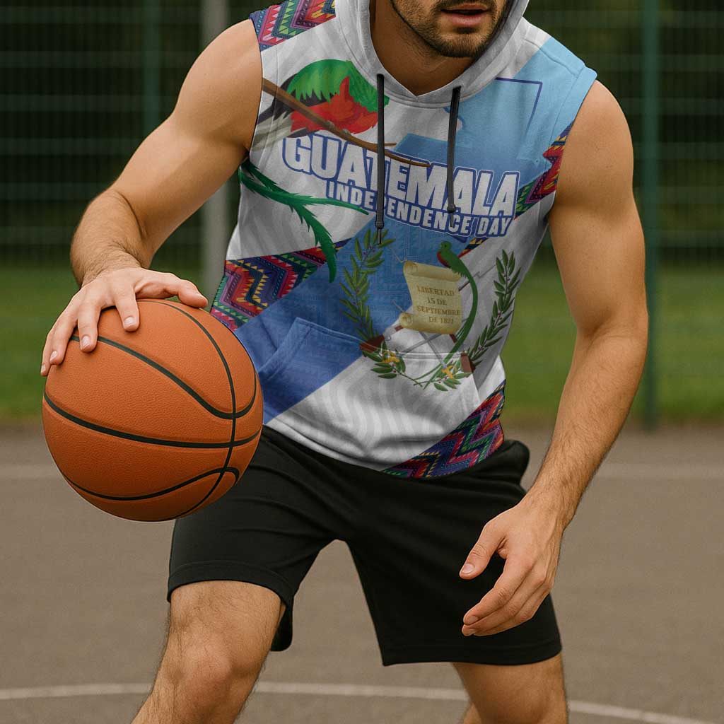 Guatemala Independence Day Sleeveless Hoodie Resplendent Quetzal with Coat of Arms and Maya Textiles - Wonder Print Shop