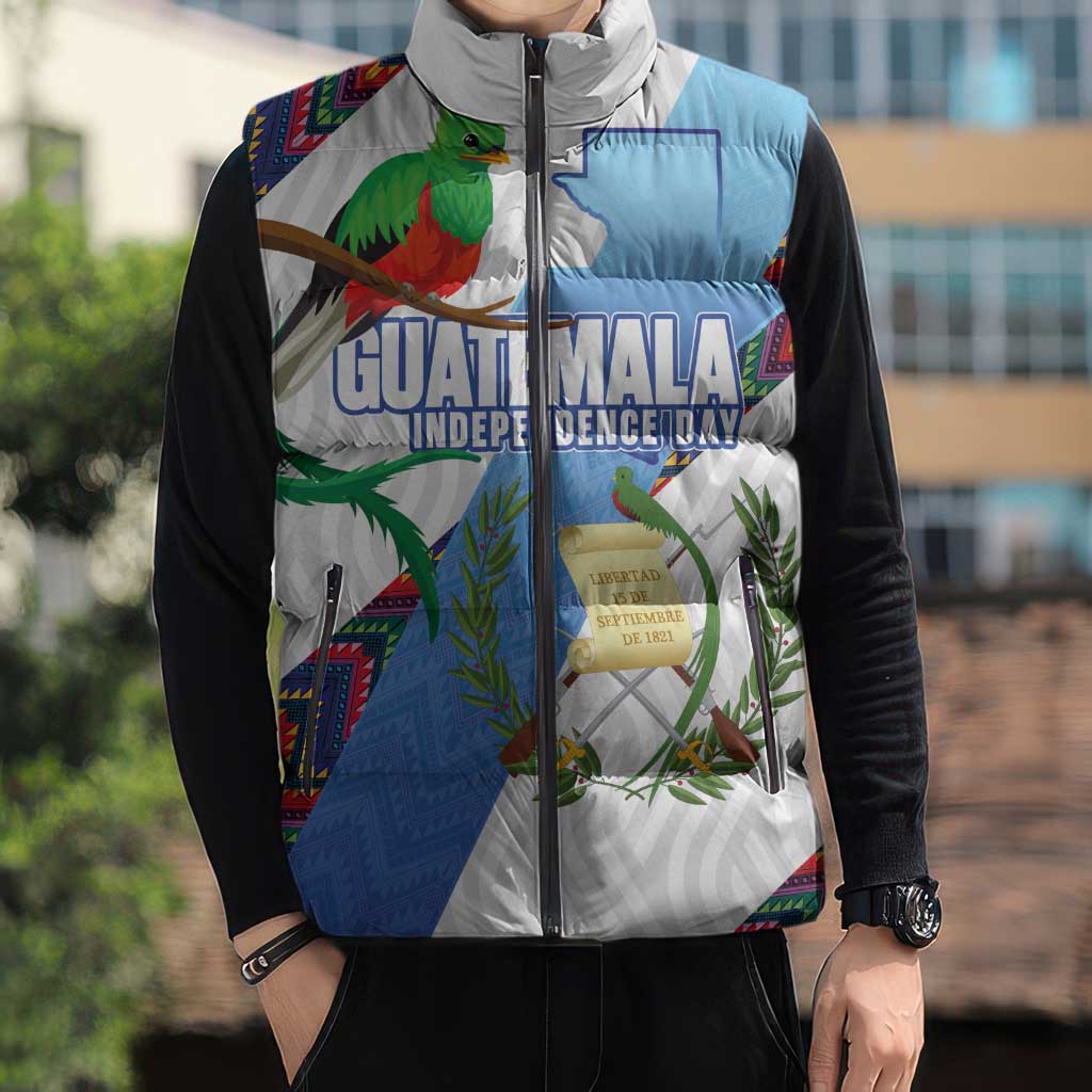 Guatemala Independence Day Sleeveless Puffer Jacket Resplendent Quetzal with Coat of Arms and Maya Textiles - Wonder Print Shop