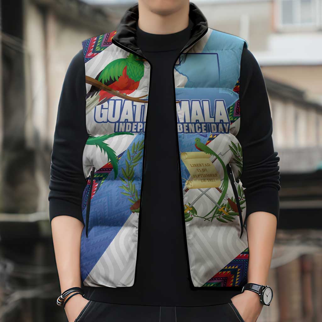 Guatemala Independence Day Sleeveless Puffer Jacket Resplendent Quetzal with Coat of Arms and Maya Textiles - Wonder Print Shop