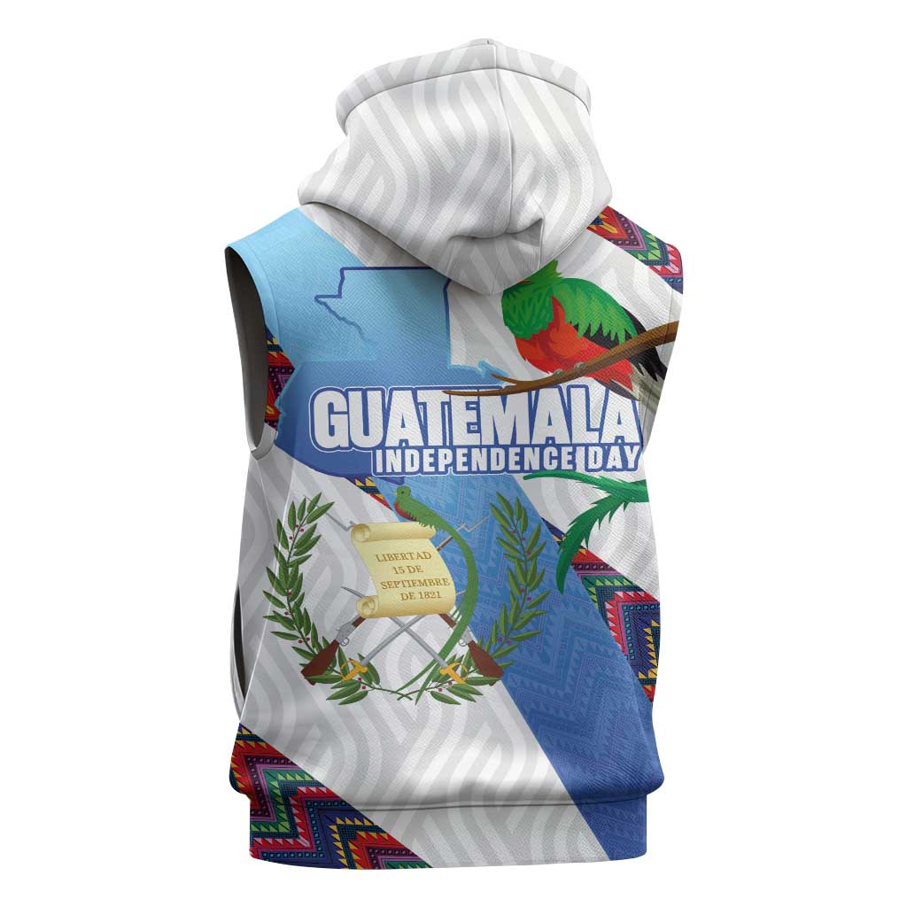 Guatemala Independence Day Sleeveless Zip Hoodie Resplendent Quetzal with Coat of Arms and Maya Textiles - Wonder Print Shop