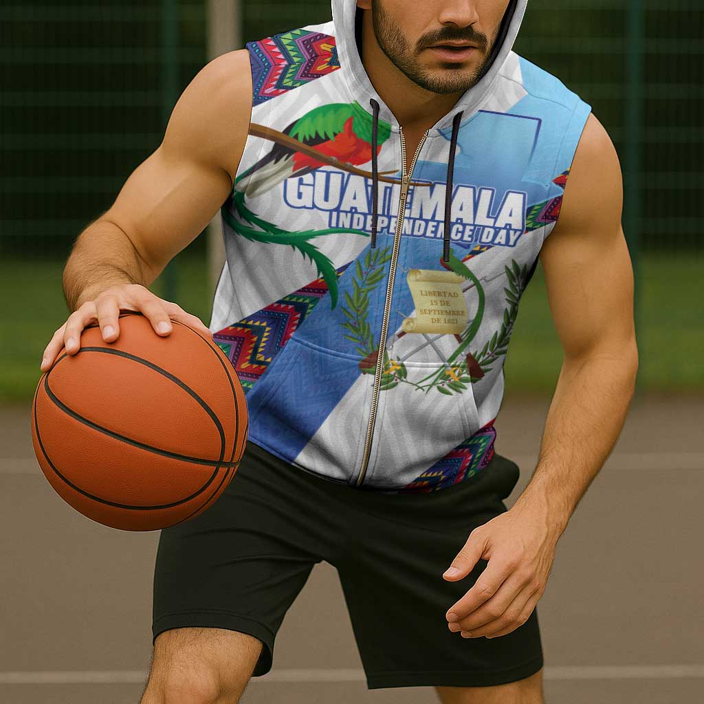 Guatemala Independence Day Sleeveless Zip Hoodie Resplendent Quetzal with Coat of Arms and Maya Textiles - Wonder Print Shop