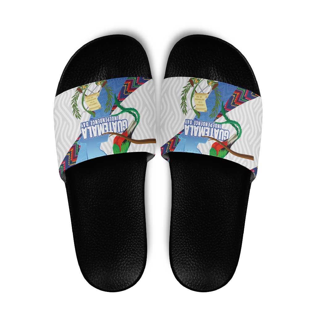 Guatemala Independence Day Slide Sandals Resplendent Quetzal with Coat of Arms and Maya Textiles - Wonder Print Shop