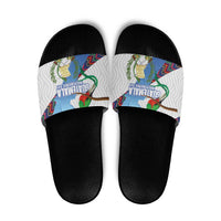 Guatemala Independence Day Slide Sandals Resplendent Quetzal with Coat of Arms and Maya Textiles - Wonder Print Shop