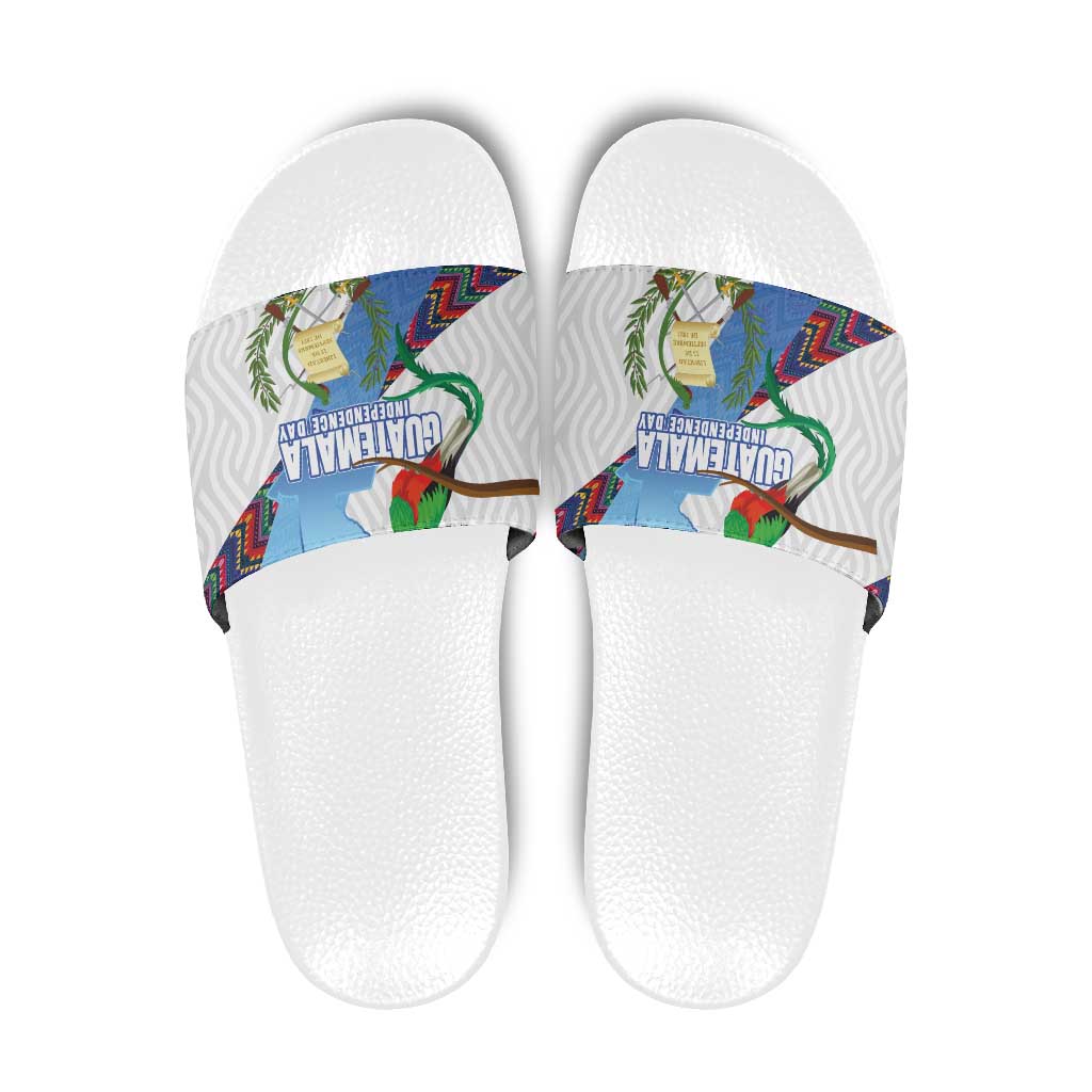 Guatemala Independence Day Slide Sandals Resplendent Quetzal with Coat of Arms and Maya Textiles - Wonder Print Shop