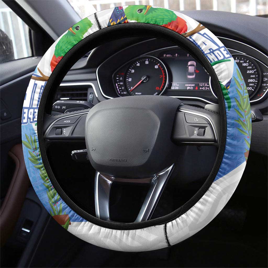 Guatemala Independence Day Steering Wheel Cover Resplendent Quetzal with Coat of Arms and Maya Textiles - Wonder Print Shop
