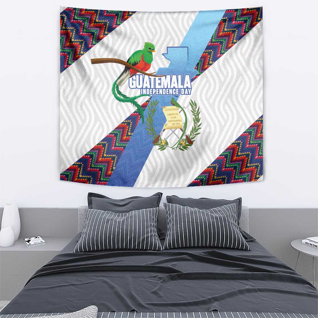 Guatemala Independence Day Tapestry Resplendent Quetzal with Coat of Arms and Maya Textiles - Wonder Print Shop