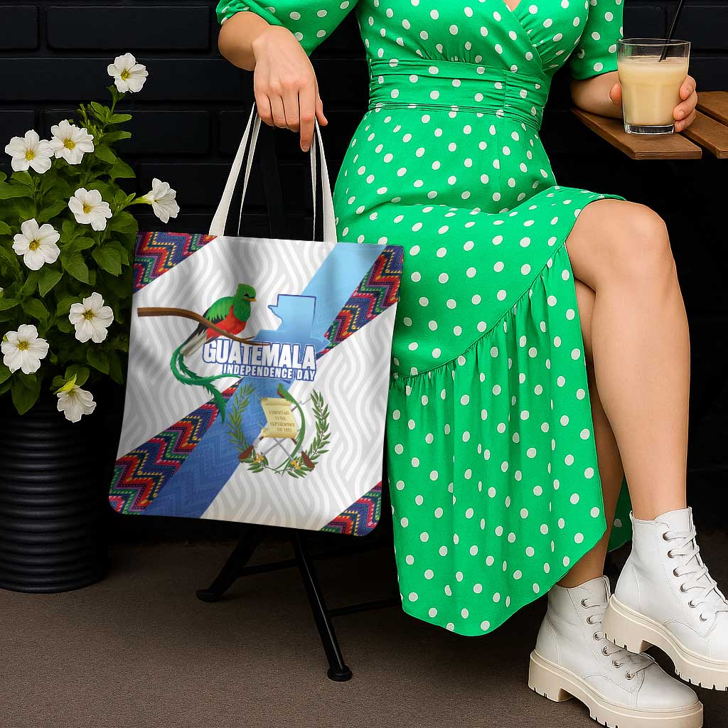 Guatemala Independence Day Tote Bag Resplendent Quetzal with Coat of Arms and Maya Textiles - Wonder Print Shop