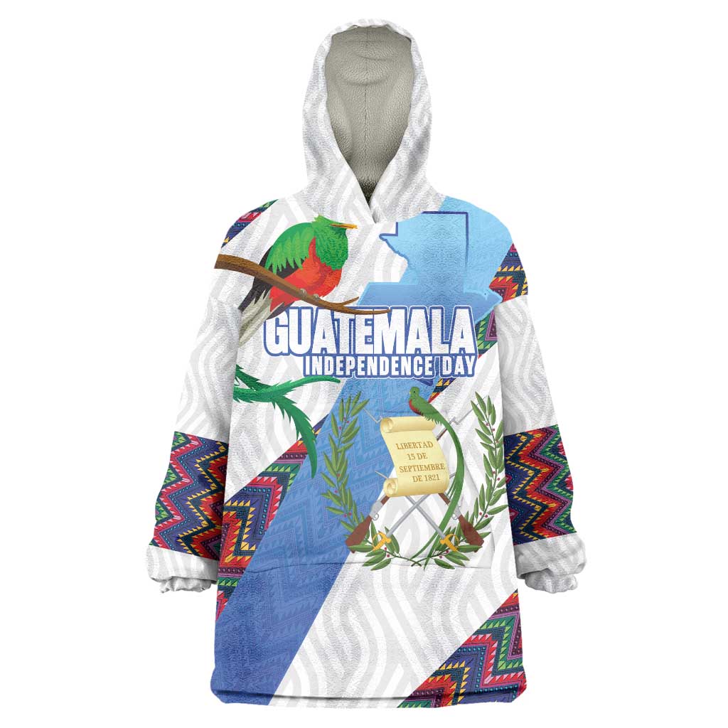 Guatemala Independence Day Wearable Blanket Hoodie Resplendent Quetzal with Coat of Arms and Maya Textiles - Wonder Print Shop
