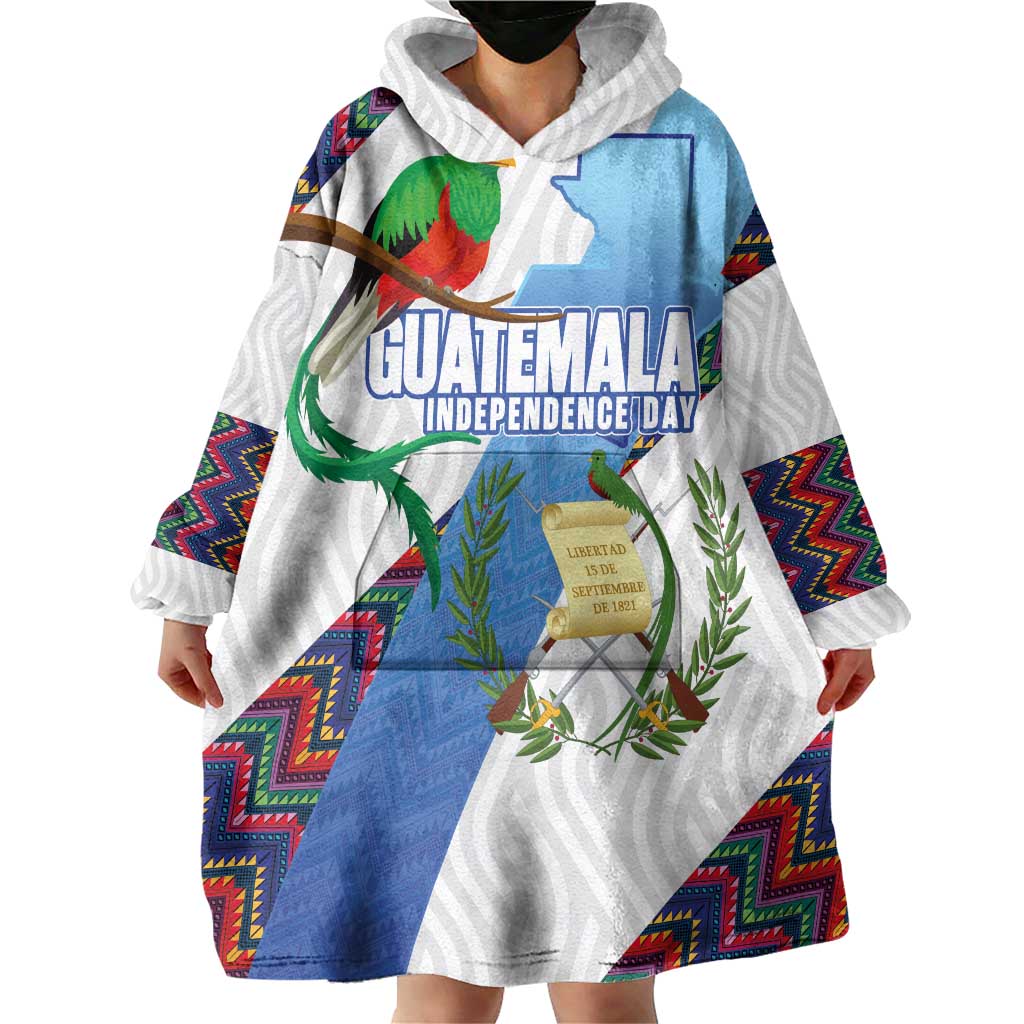 Guatemala Independence Day Wearable Blanket Hoodie Resplendent Quetzal with Coat of Arms and Maya Textiles - Wonder Print Shop