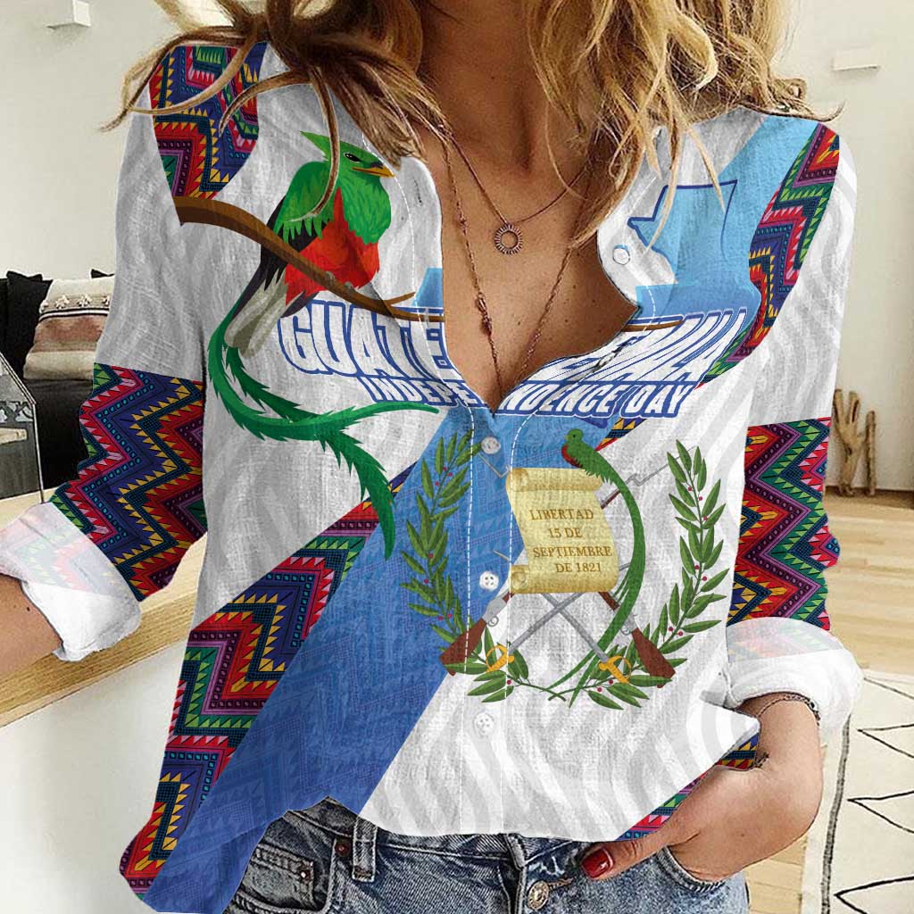 Guatemala Independence Day Women Casual Shirt Resplendent Quetzal with Coat of Arms and Maya Textiles - Wonder Print Shop