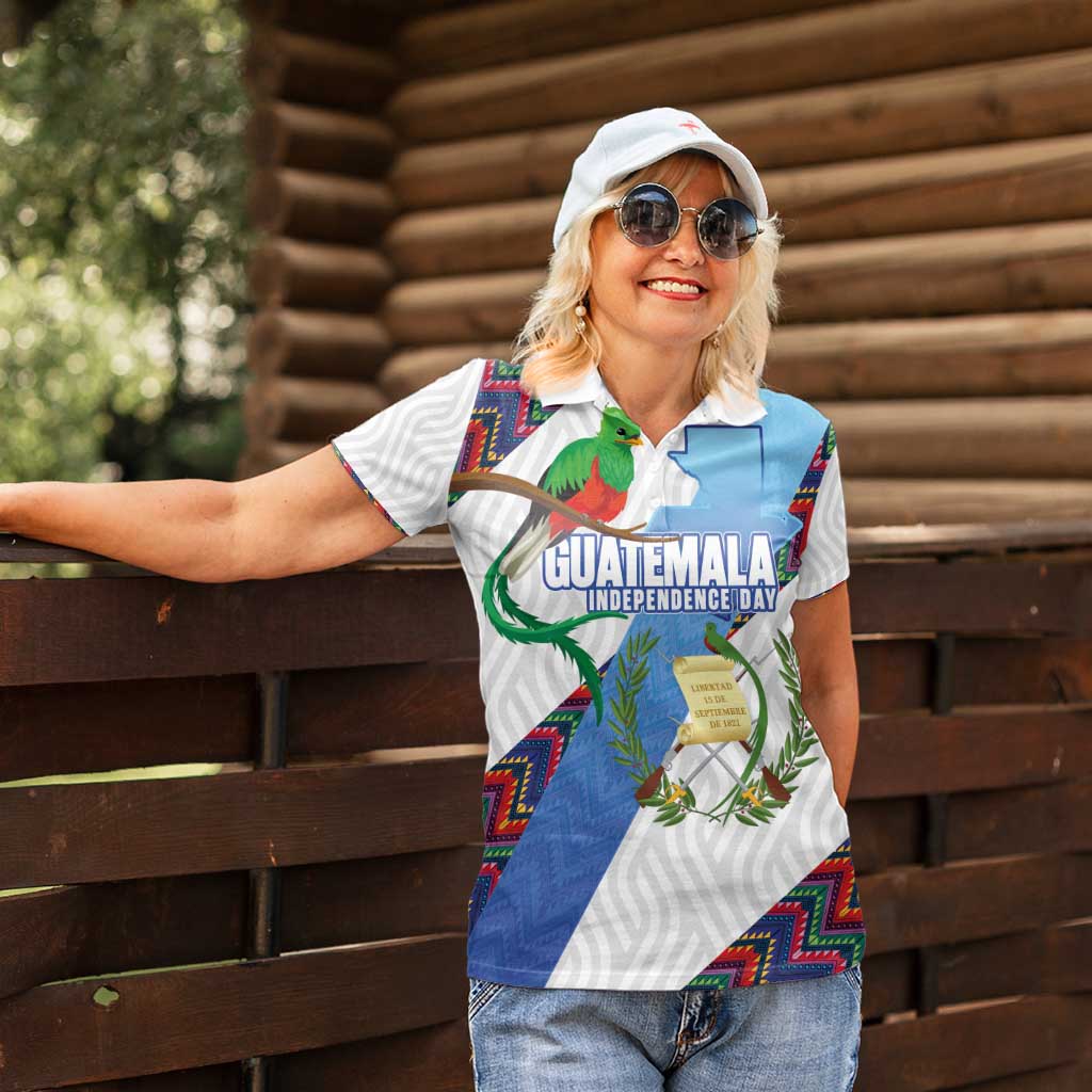 Guatemala Independence Day Women Polo Shirt Resplendent Quetzal with Coat of Arms and Maya Textiles - Wonder Print Shop