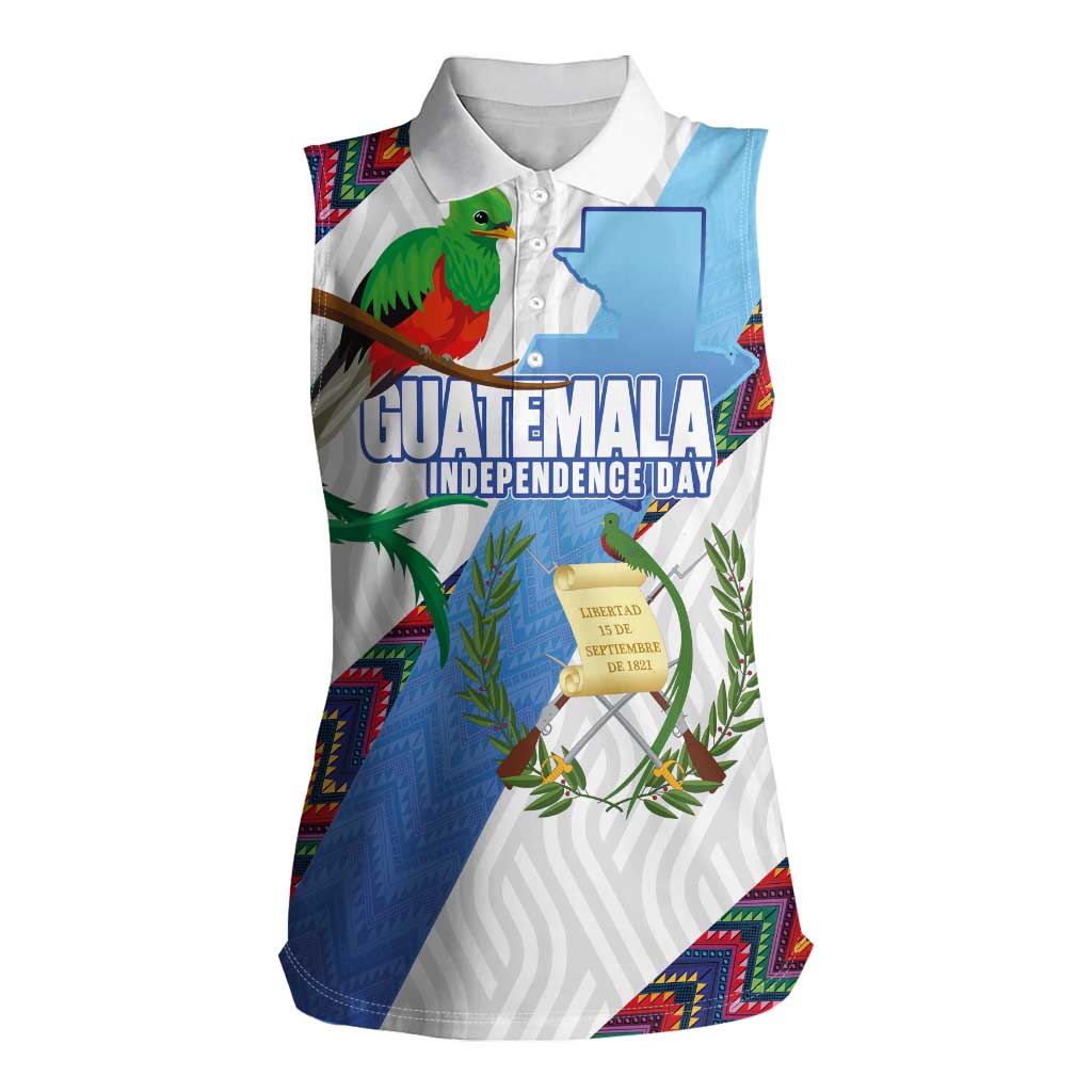 Guatemala Independence Day Women Sleeveless Polo Shirt Resplendent Quetzal with Coat of Arms and Maya Textiles - Wonder Print Shop