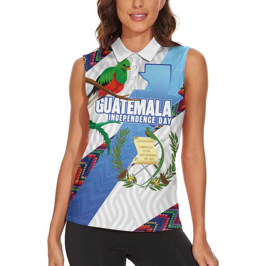Guatemala Independence Day Women Sleeveless Polo Shirt Resplendent Quetzal with Coat of Arms and Maya Textiles - Wonder Print Shop