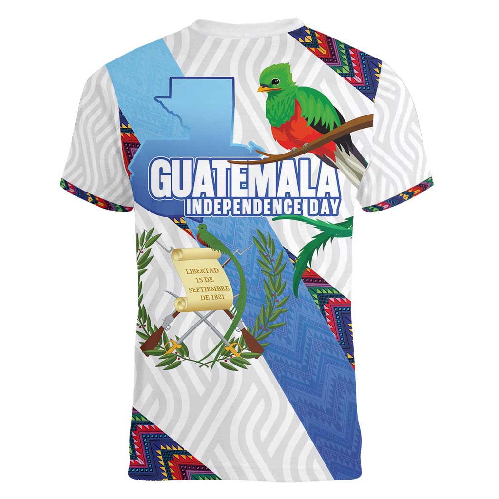 Guatemala Independence Day Women V-Neck T-Shirt Resplendent Quetzal with Coat of Arms and Maya Textiles - Wonder Print Shop