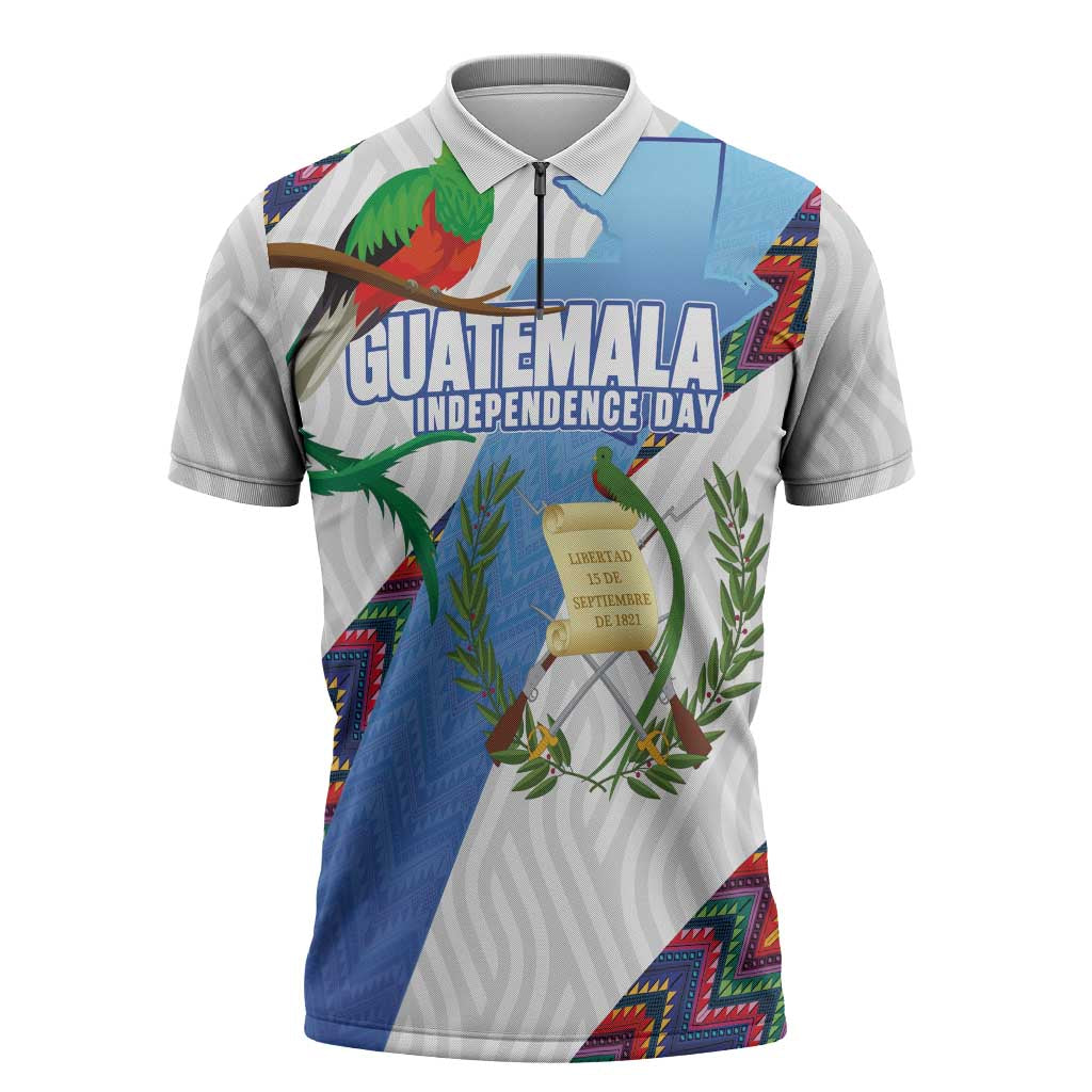 Guatemala Independence Day Zipper Polo Shirt Resplendent Quetzal with Coat of Arms and Maya Textiles - Wonder Print Shop