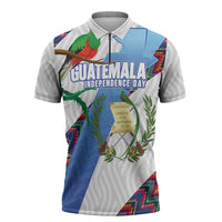 Guatemala Independence Day Zipper Polo Shirt Resplendent Quetzal with Coat of Arms and Maya Textiles - Wonder Print Shop