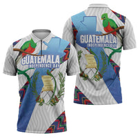Guatemala Independence Day Zipper Polo Shirt Resplendent Quetzal with Coat of Arms and Maya Textiles - Wonder Print Shop