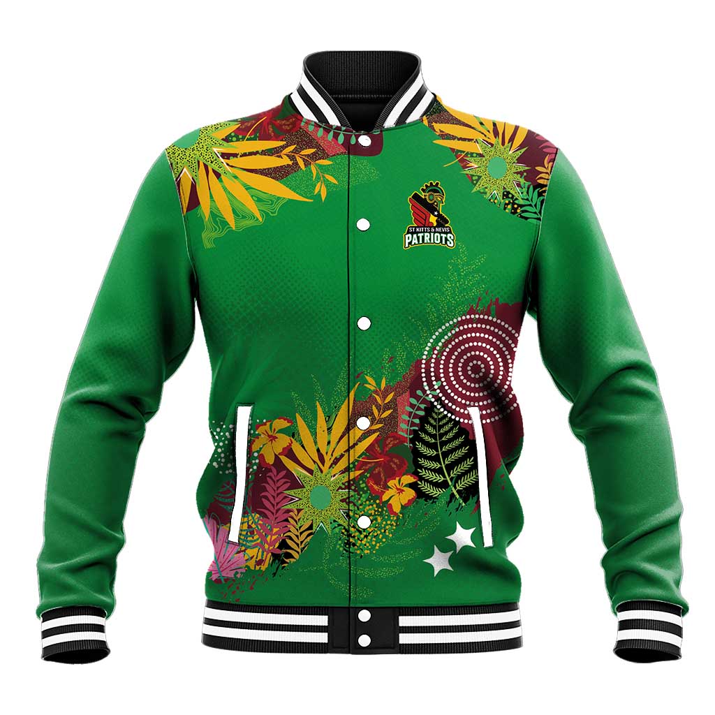 Custom St Kitts and Nevis Cricket Patriots Baseball Jacket Caribbean Tropical Plants Sporty Green - Wonder Print Shop