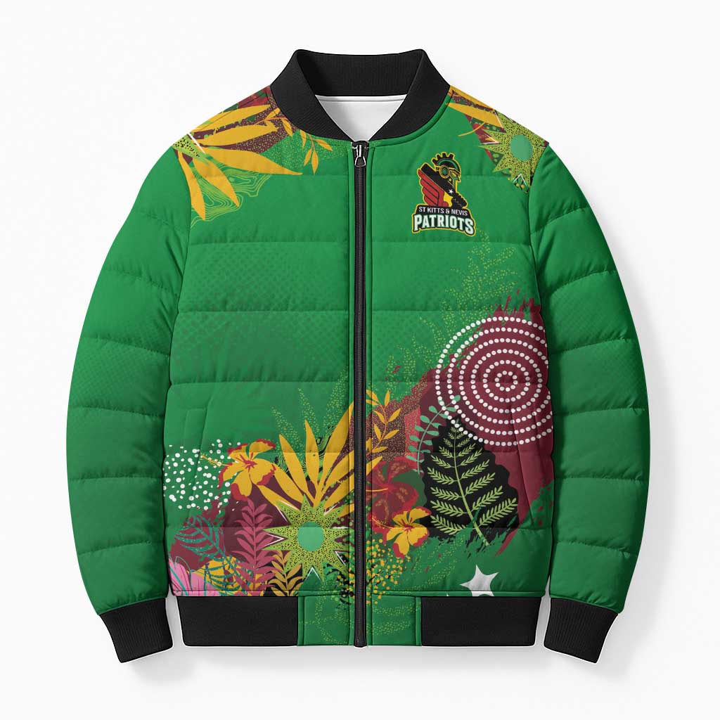 Custom St Kitts and Nevis Cricket Patriots Bomber Puffer Jacket Caribbean Tropical Plants Sporty Green - Wonder Print Shop