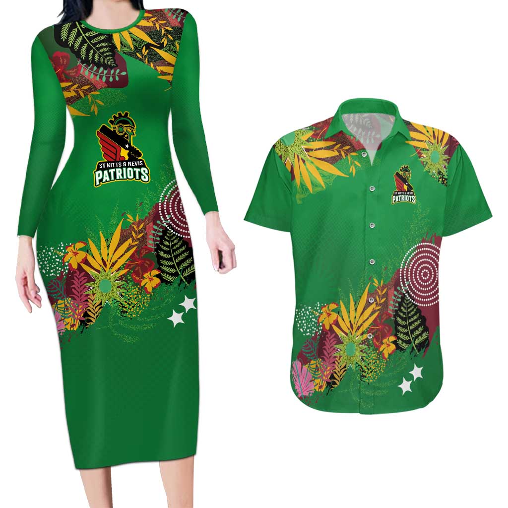 Custom St Kitts and Nevis Cricket Patriots Couples Matching Long Sleeve Bodycon Dress and Hawaiian Shirt Caribbean Tropical Plants Sporty Green - Wonder Print Shop