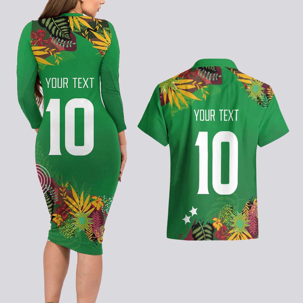 Custom St Kitts and Nevis Cricket Patriots Couples Matching Long Sleeve Bodycon Dress and Hawaiian Shirt Caribbean Tropical Plants Sporty Green - Wonder Print Shop