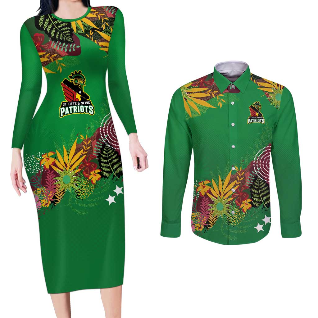 Custom St Kitts and Nevis Cricket Patriots Couples Matching Long Sleeve Bodycon Dress and Long Sleeve Button Shirt Caribbean Tropical Plants Sporty Green - Wonder Print Shop