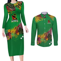 Custom St Kitts and Nevis Cricket Patriots Couples Matching Long Sleeve Bodycon Dress and Long Sleeve Button Shirt Caribbean Tropical Plants Sporty Green - Wonder Print Shop