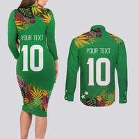 Custom St Kitts and Nevis Cricket Patriots Couples Matching Long Sleeve Bodycon Dress and Long Sleeve Button Shirt Caribbean Tropical Plants Sporty Green - Wonder Print Shop