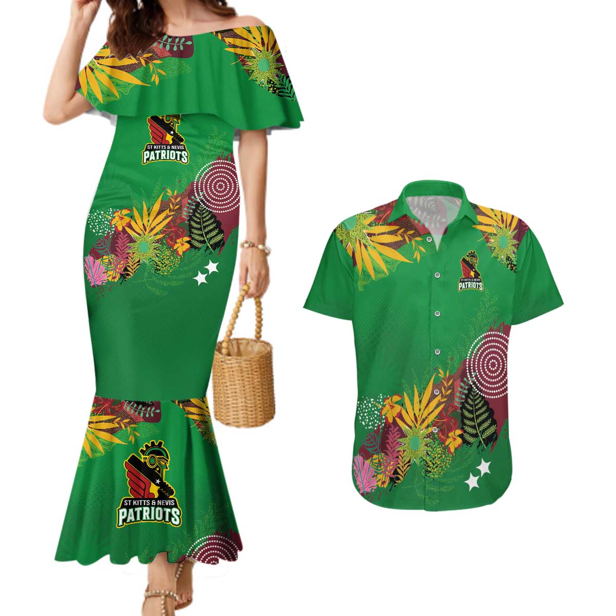 Custom St Kitts and Nevis Cricket Patriots Couples Matching Mermaid Dress and Hawaiian Shirt Caribbean Tropical Plants Sporty Green - Wonder Print Shop