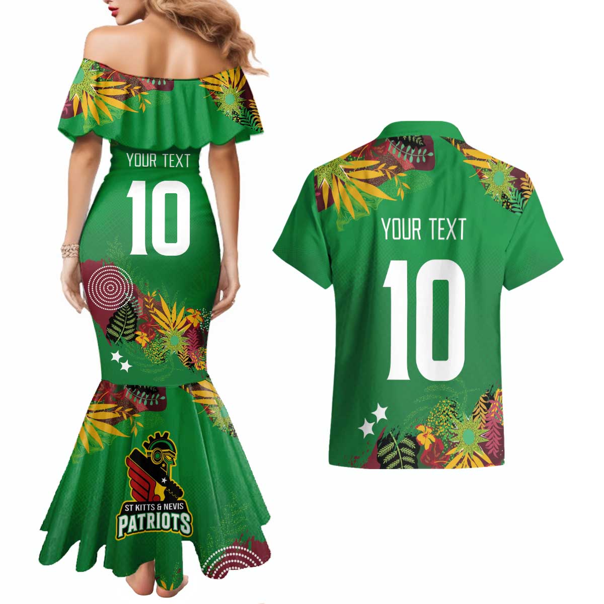 Custom St Kitts and Nevis Cricket Patriots Couples Matching Mermaid Dress and Hawaiian Shirt Caribbean Tropical Plants Sporty Green - Wonder Print Shop