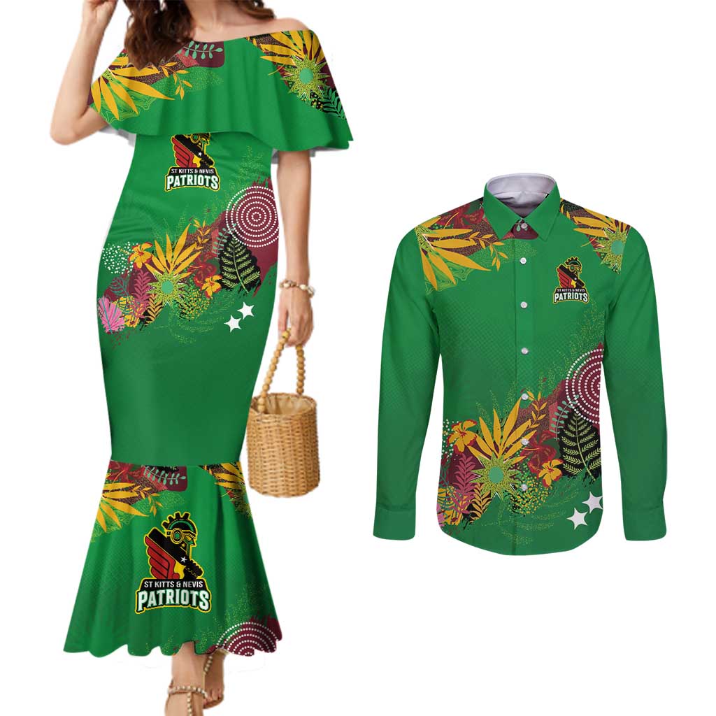 Custom St Kitts and Nevis Cricket Patriots Couples Matching Mermaid Dress and Long Sleeve Button Shirt Caribbean Tropical Plants Sporty Green - Wonder Print Shop