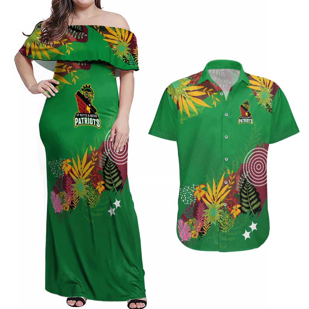 Custom St Kitts and Nevis Cricket Patriots Couples Matching Off Shoulder Maxi Dress and Hawaiian Shirt Caribbean Tropical Plants Sporty Green - Wonder Print Shop