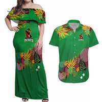 Custom St Kitts and Nevis Cricket Patriots Couples Matching Off Shoulder Maxi Dress and Hawaiian Shirt Caribbean Tropical Plants Sporty Green - Wonder Print Shop