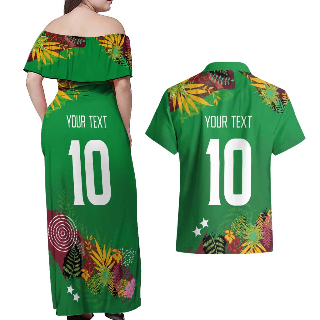 Custom St Kitts and Nevis Cricket Patriots Couples Matching Off Shoulder Maxi Dress and Hawaiian Shirt Caribbean Tropical Plants Sporty Green - Wonder Print Shop