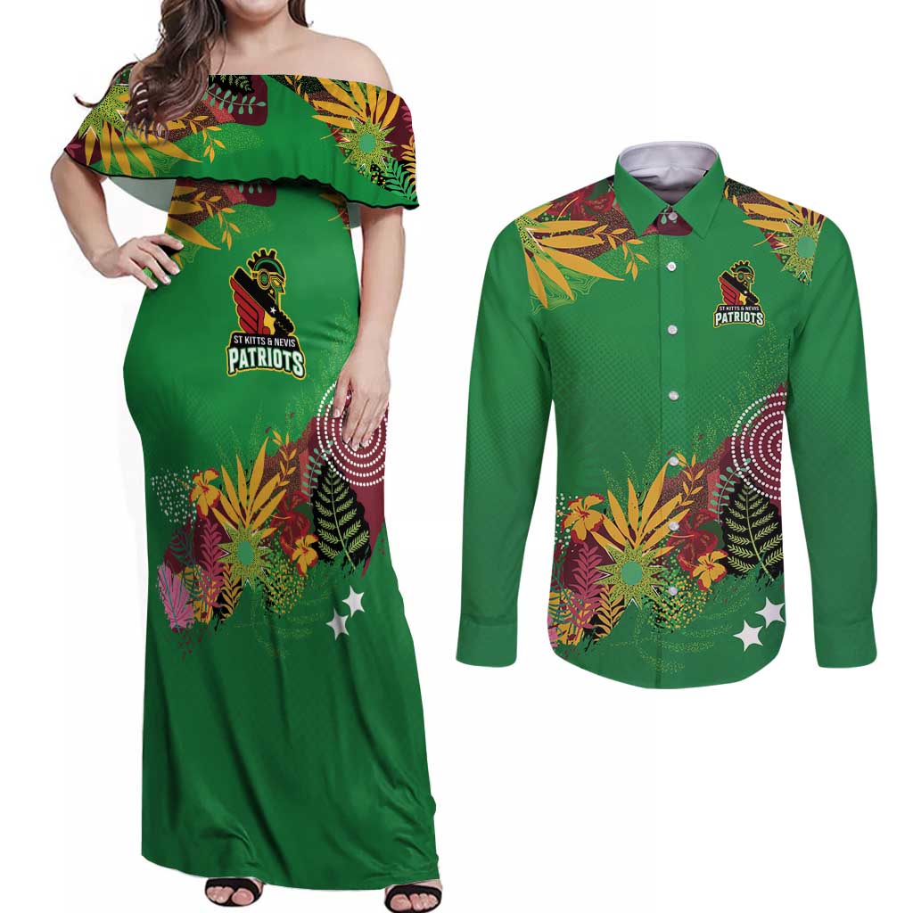Custom St Kitts and Nevis Cricket Patriots Couples Matching Off Shoulder Maxi Dress and Long Sleeve Button Shirt Caribbean Tropical Plants Sporty Green - Wonder Print Shop