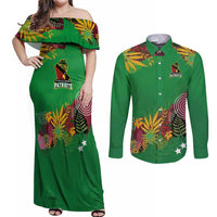 Custom St Kitts and Nevis Cricket Patriots Couples Matching Off Shoulder Maxi Dress and Long Sleeve Button Shirt Caribbean Tropical Plants Sporty Green - Wonder Print Shop
