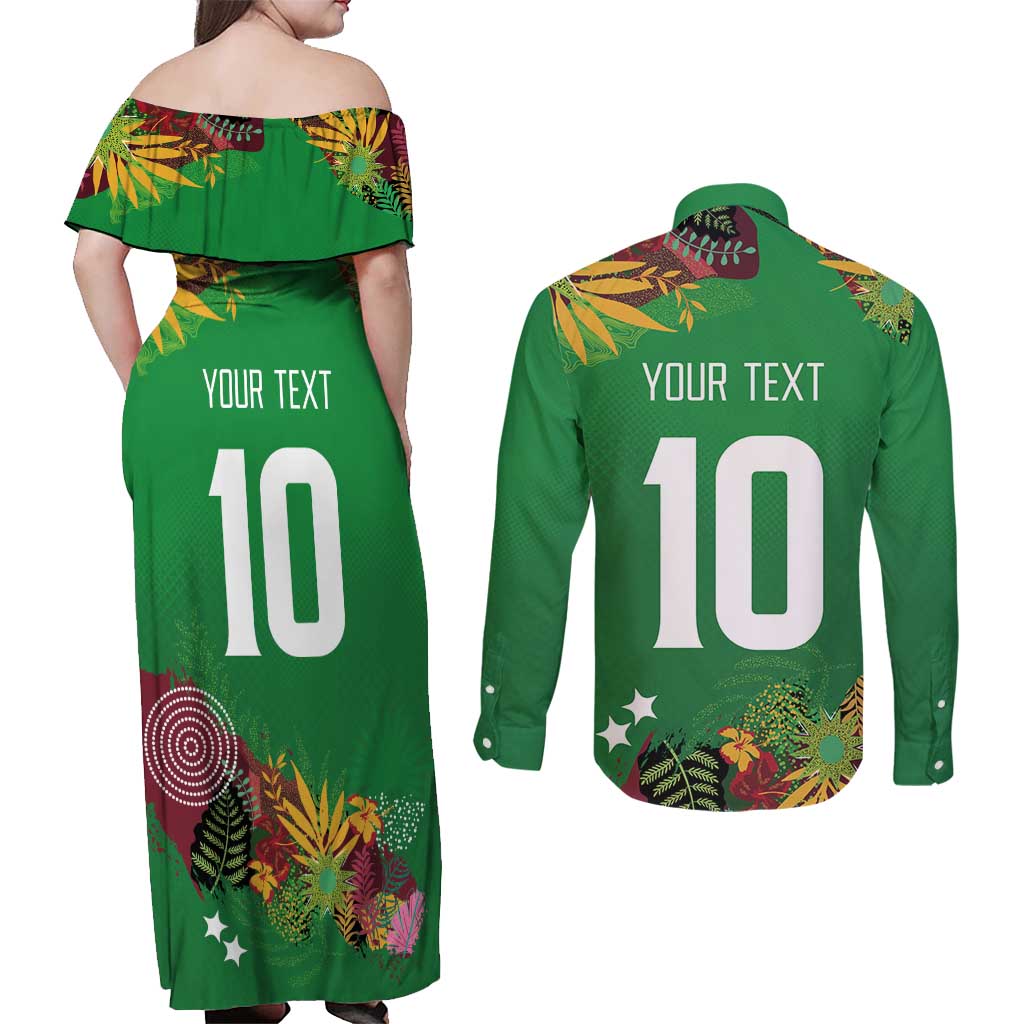 Custom St Kitts and Nevis Cricket Patriots Couples Matching Off Shoulder Maxi Dress and Long Sleeve Button Shirt Caribbean Tropical Plants Sporty Green - Wonder Print Shop