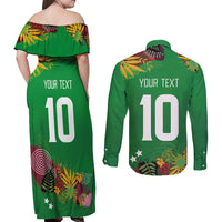 Custom St Kitts and Nevis Cricket Patriots Couples Matching Off Shoulder Maxi Dress and Long Sleeve Button Shirt Caribbean Tropical Plants Sporty Green - Wonder Print Shop